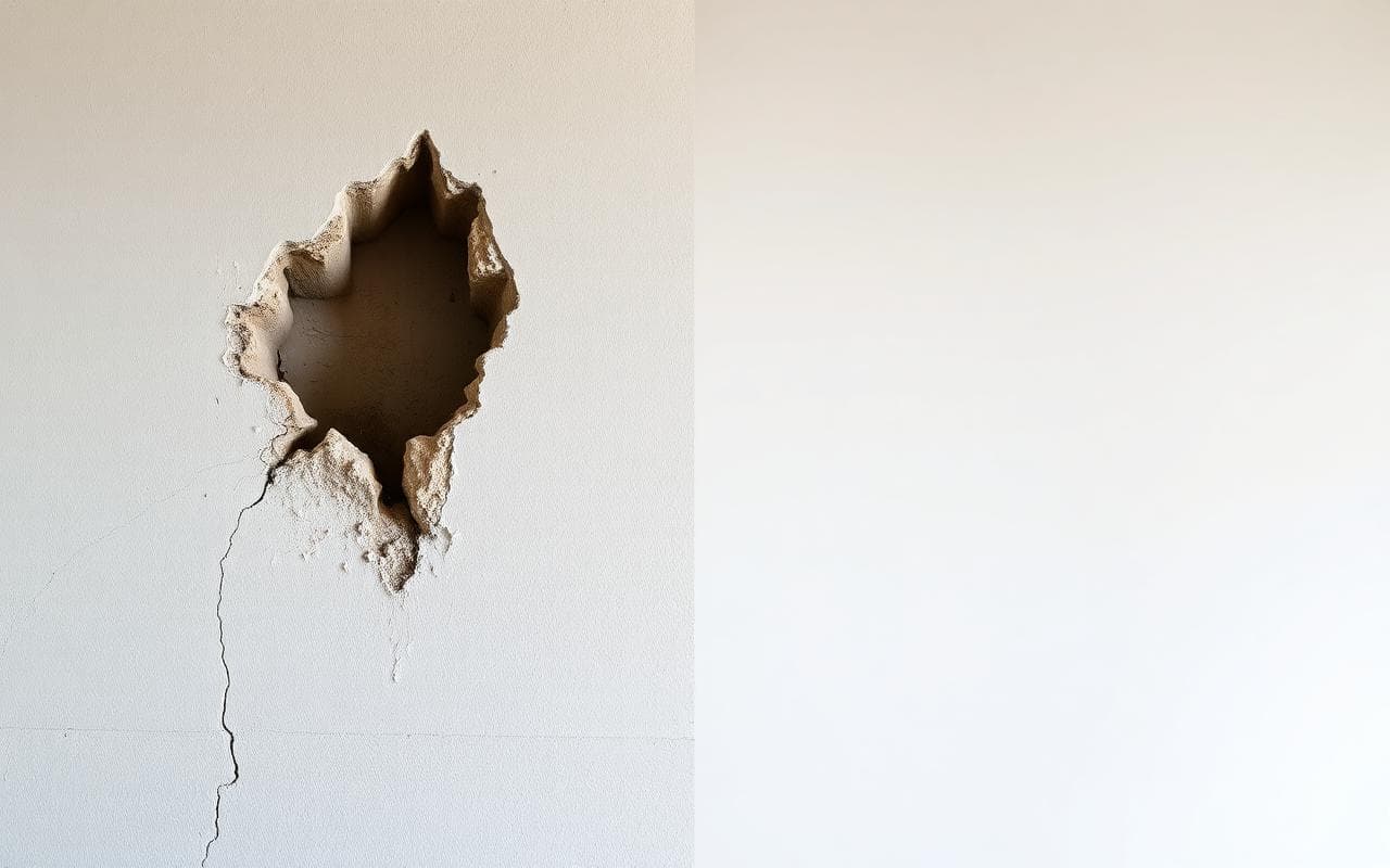 Damaged drywall on the left next to a smooth finished wall on the right