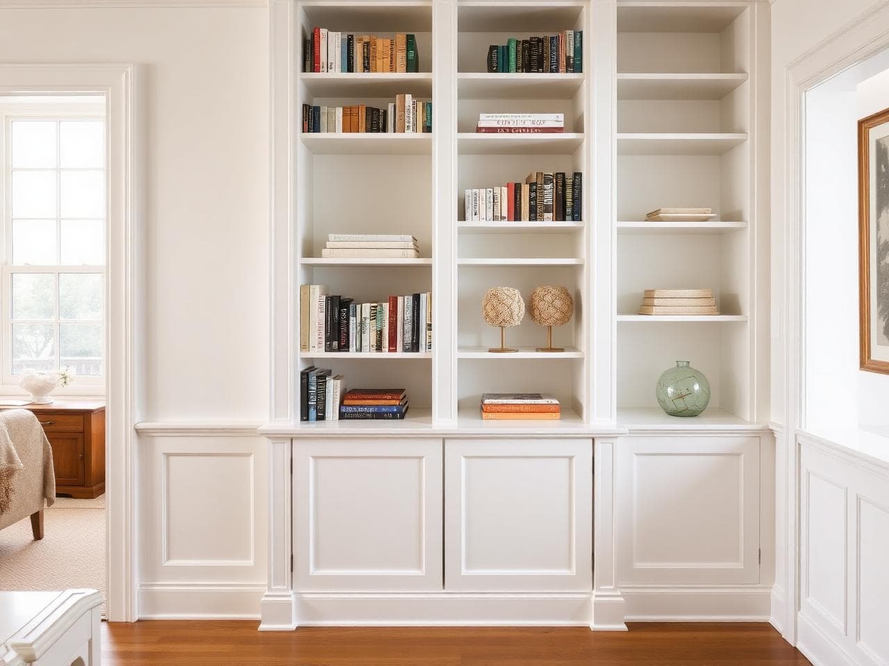 White built-in bookcase with wainscoting in a refined coastal home