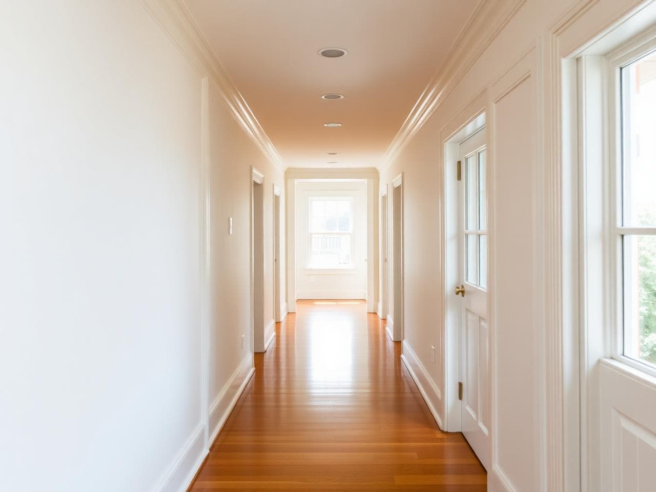 Freshly painted hallway with smooth walls and white trim