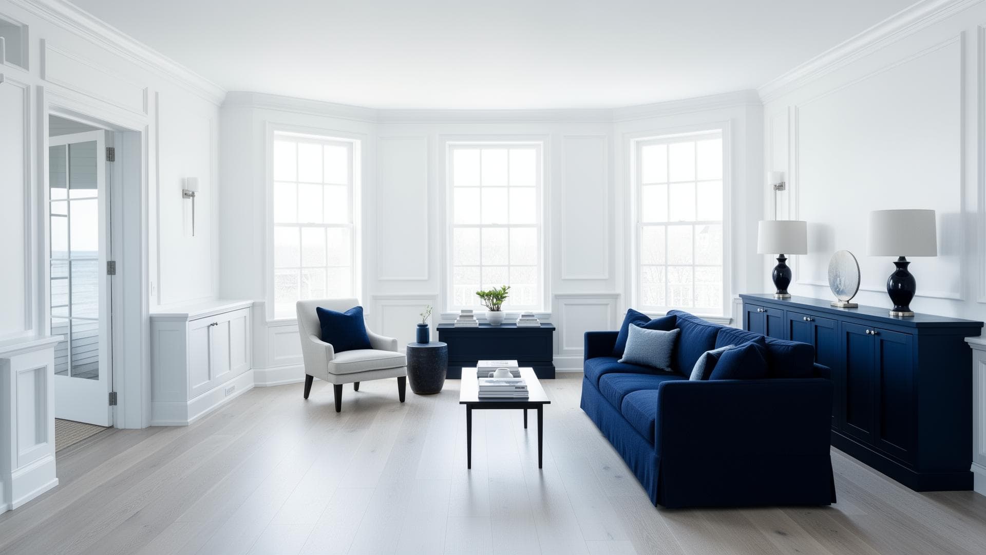 Crisp white coastal New England living room with navy accents, smooth finished walls, and cool natural light