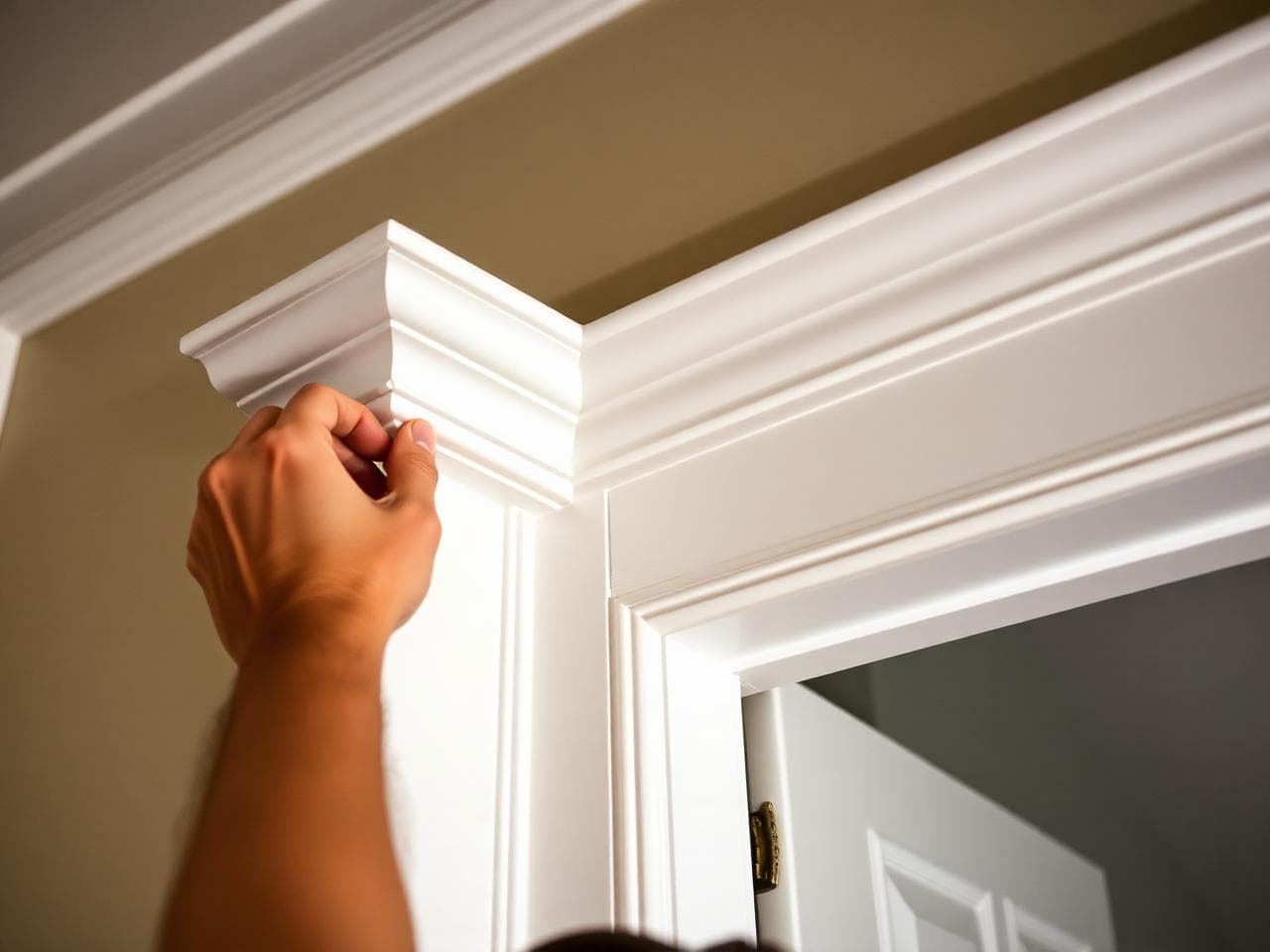 Painted crown molding being installed around a doorway