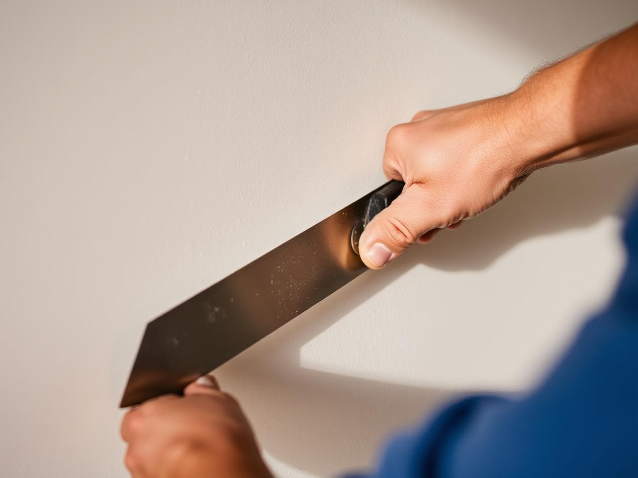 Craftsman finishing a drywall seam with a wide knife