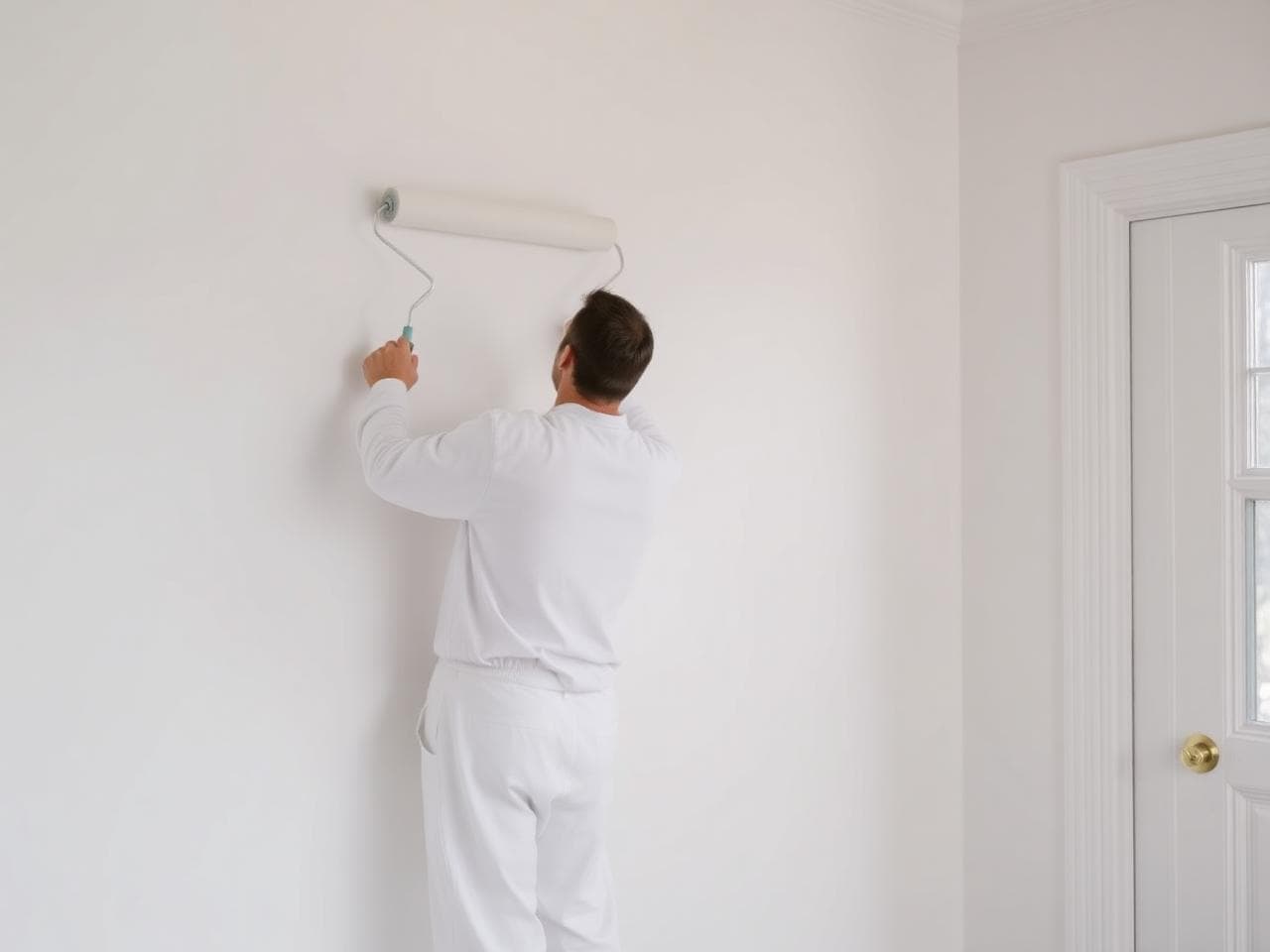 Painter rolling a smooth interior wall in a bright home